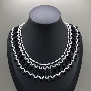 Handmade seed bead black and white collar necklace, fun boho style artisan.